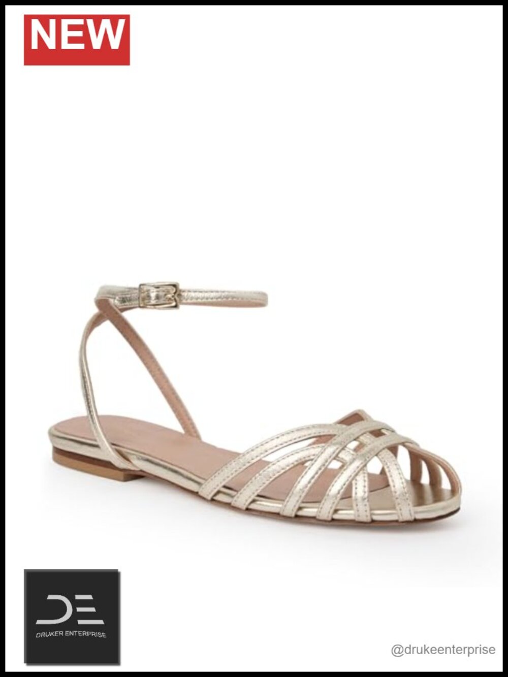 Italian Leather Flat Sandals with Buckle Ankle Strap - Women's Open Toe